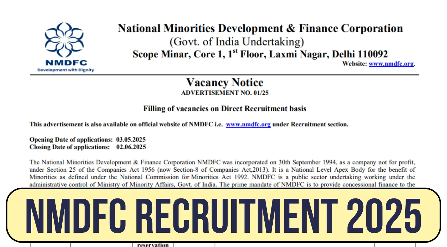 NMDFC Notification 2025 Out for Executive Assistant, Asst Manager ...