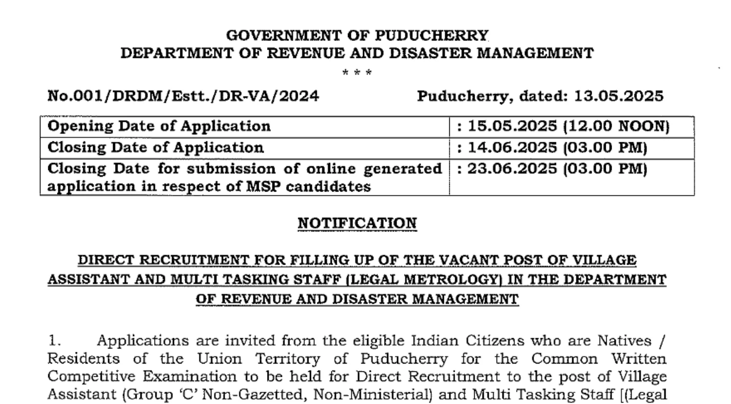 Puducherry Village Assistant & MTS Recruitment 2025 – Notification PDF ...