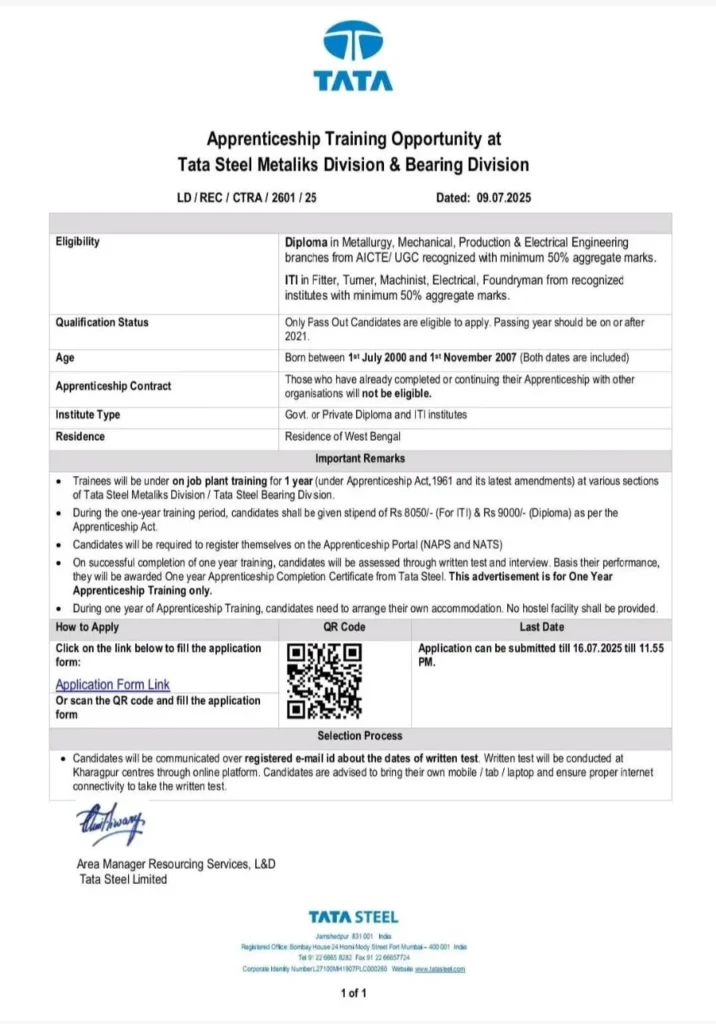 TATA STEEL Apprentice Recruitment 2025 West Bengal - IndiaExamAlert TATA STEEL Apprentice Recruitment 2025 West Bengal