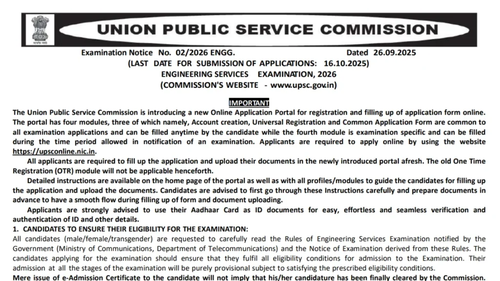UPSC ESE 2026 Notification Out for 474 Engineering Services Posts ...