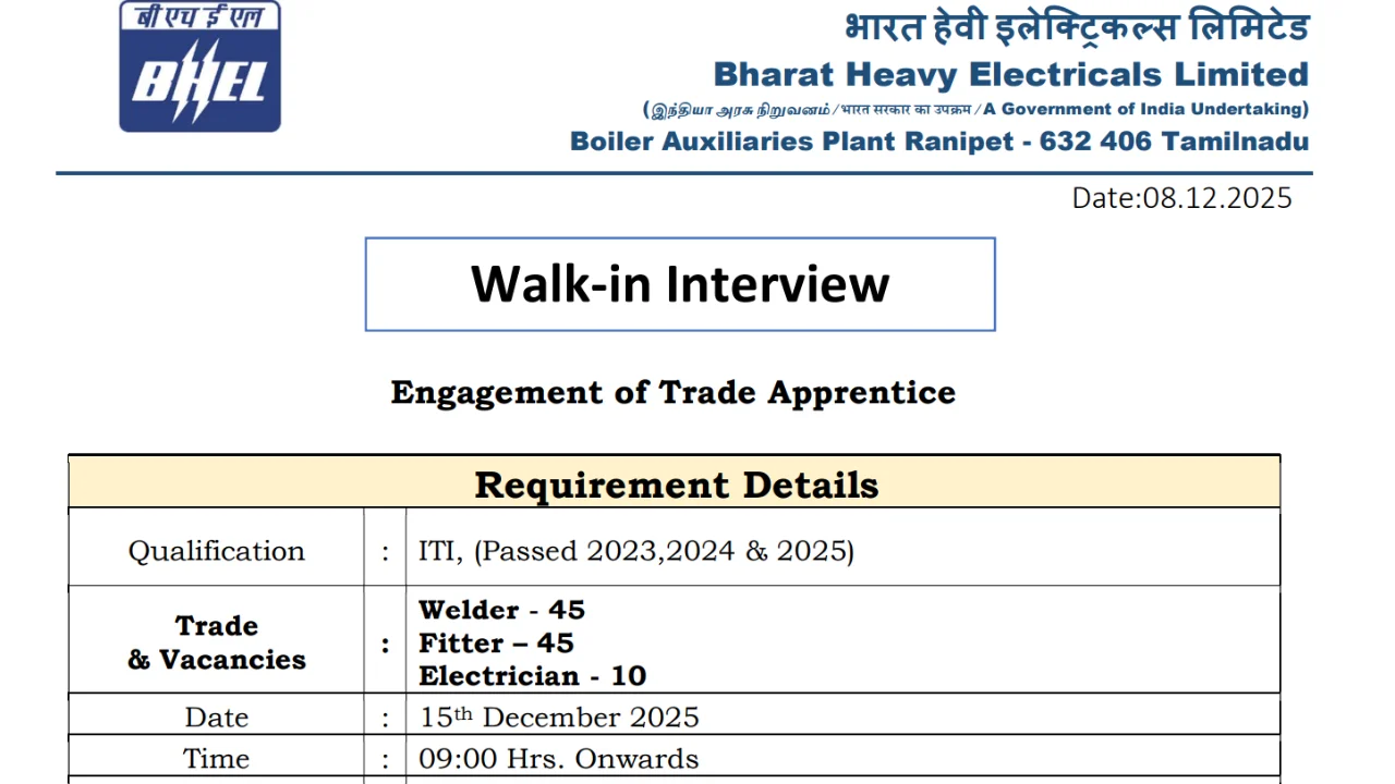 BHEL Ranipet Trade Apprentice Vacancy 2025 Notification Out