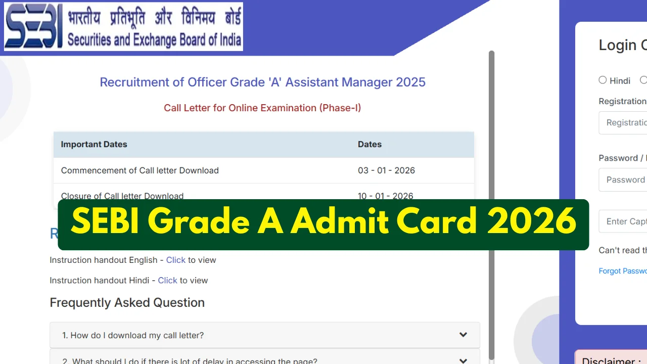 SEBI Grade A Admit Card 2026 Out, Phase 1 Call Letter Link