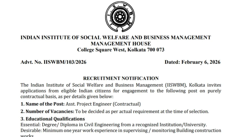 IISWBM Assistant Project Engineer Recruitment 2026